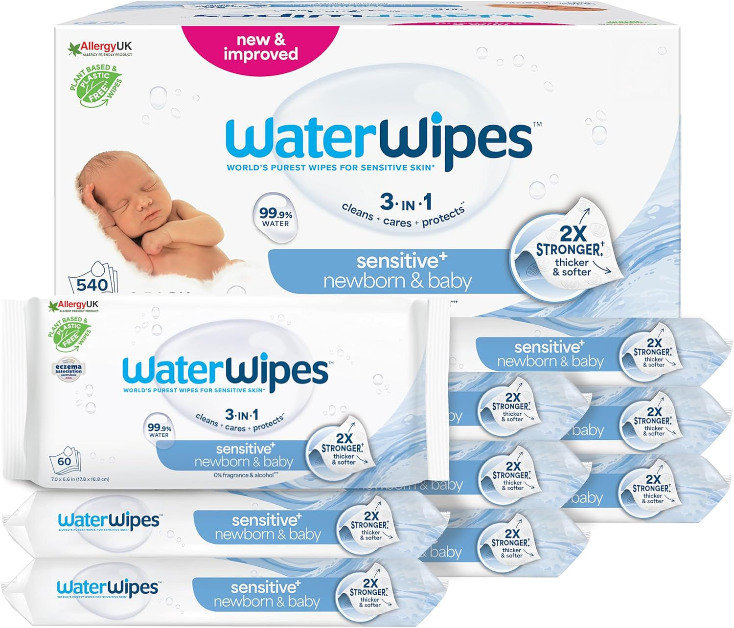 Șervețele umede WaterWipes Sensitive+ pentru nou-născuți și bebeluși, 240 bucăți (4 pachete), curățare, îngrijire, protecție 3 în 1, 99,9% apă, fără parfum