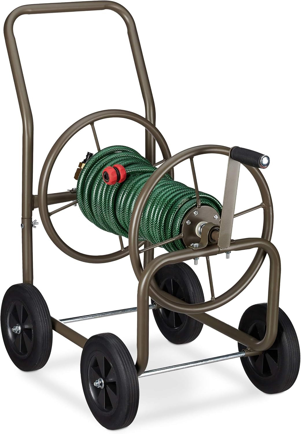 Cărucior furtun Relaxdays XL, rolă mobilă pentru furtun, metal, pentru furtun de 60 m, 4 roți, cu manivelă, derulare la 90°, maro