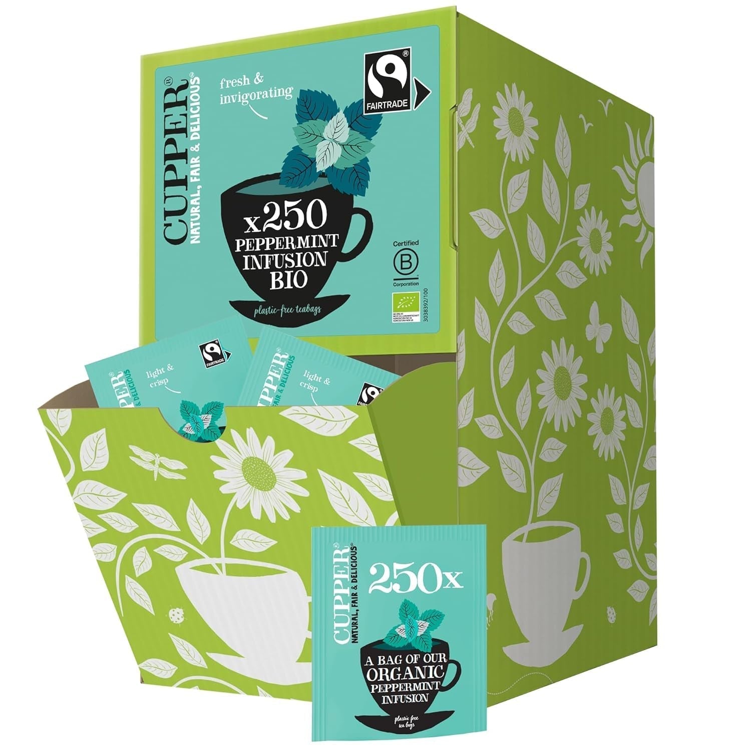 Cupper Ceai de fructe bio Cranberry Rasperry | Ceai cu zmeură | 250 pliculețe de ceai nealbite | Pachet mare | Perfect pentru birou | Ecologic | Comerț echitabil