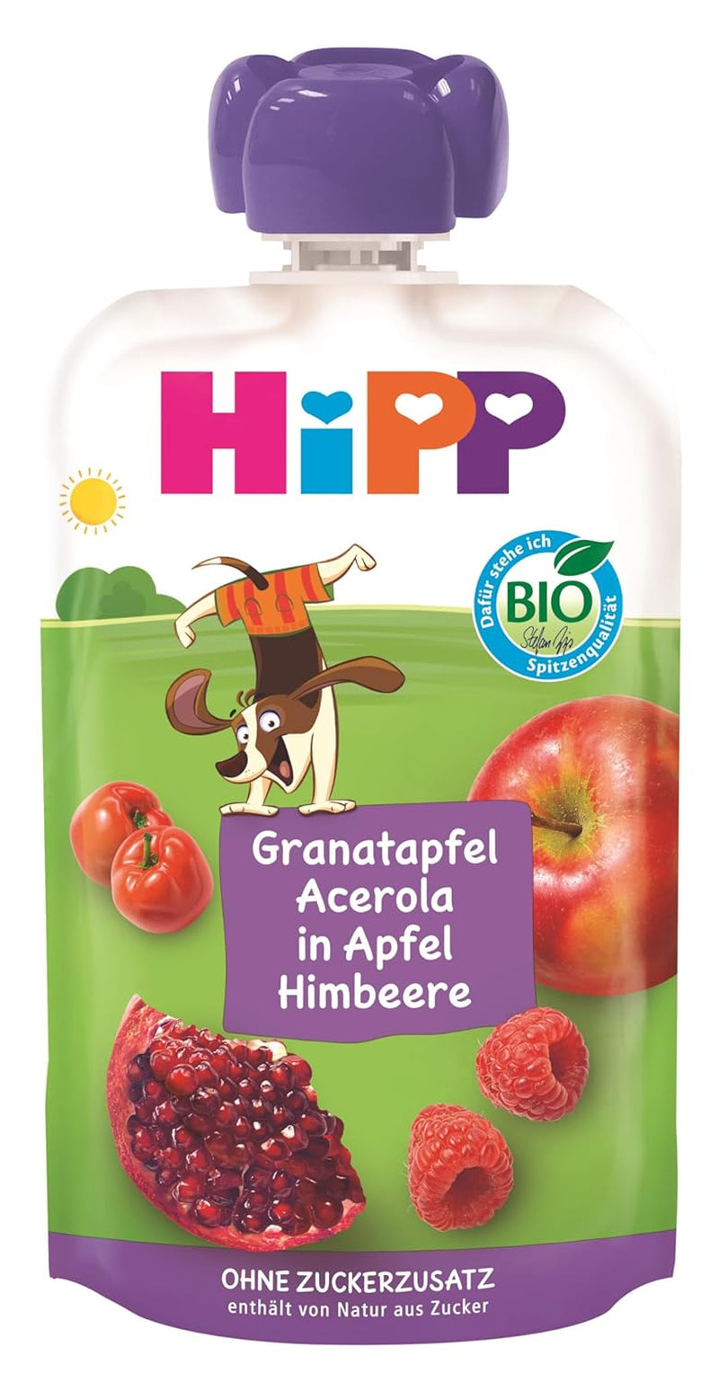 Pliculețe HiPP Organic Fruit Plus cu rodie și acerola în amestec de măr și zmeură - Ben Beagle (8 x 100g), de la 1 an, piure de fructe 100%, fără zahăr adăugat, vegan, de cea mai bună calitate organică