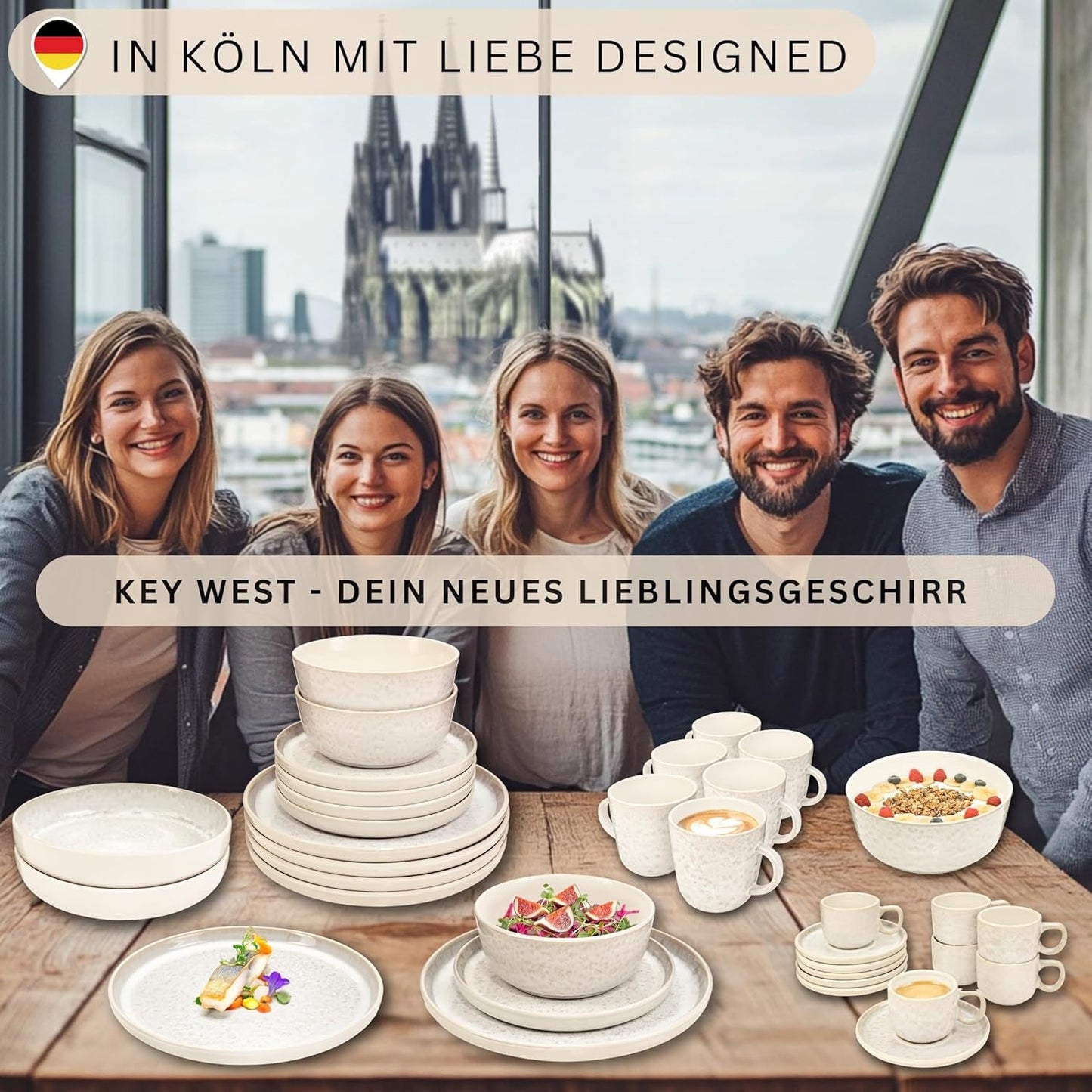 SÄNGER Key West | Set de veselă din gresie, 24 de piese, set de farfurii pentru 6 persoane, 6 farfurii de cină, boluri pentru cereale, farfurii pentru desert, boluri pentru paste, veselă de culoare crem cu textură nisipoasă | COLECȚIA VALUE