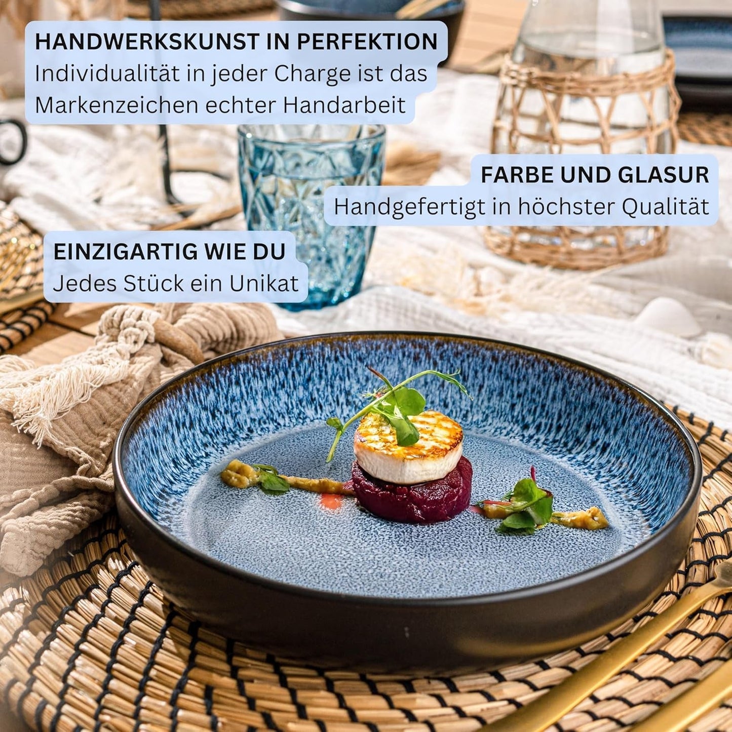 SÄNGER Aruba | Set de veselă din gresie pentru 6 persoane, 6 farfurii de cină, 6 farfurii de mic dejun, 6 farfurii de sumă, 6 boluri pentru paste, albastru cu margine neagră | COLECȚIA VALUE