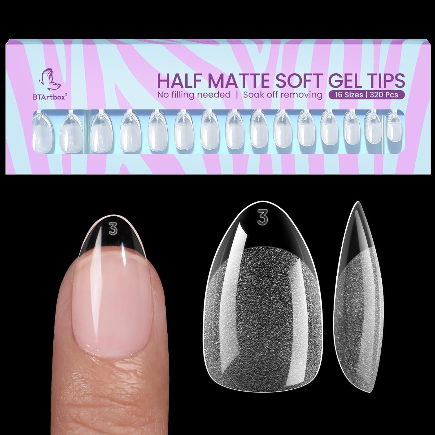 Btartbox Tipuri de Unghii Extra Scurte, Model Migdala – Acoperire Completă cu Gel X Tipuri de Unghii XS Moi pentru Unghii cu Gel – Preformate, Semi-mate, pentru Unghii Late, Salon, 320 Bucăți