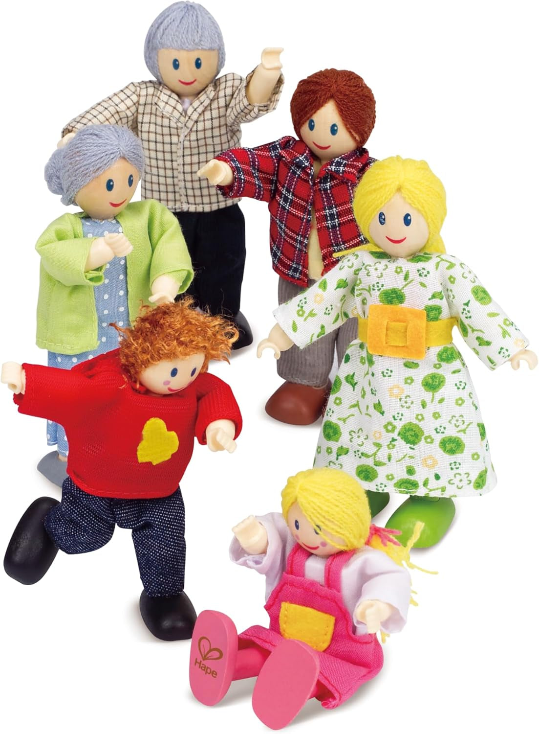 Set familial de păpuși Hape Doll Family premiat, accesorii unice pentru case de păpuși din lemn, joc imaginativ, 6 membri ai familiei de păpuși, pentru copii cu vârsta de 3 ani și peste