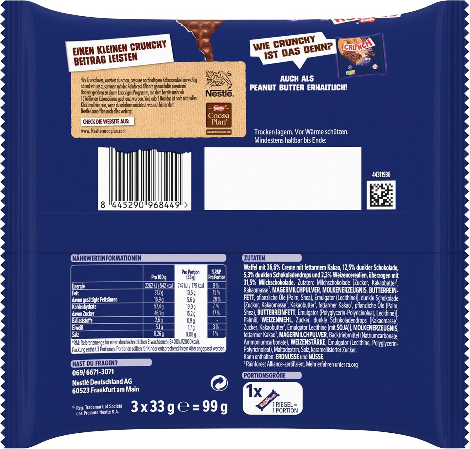 Nestlé CRUNCH Milk Bar, Baton crocant de ciocolată cu ciocolată cu lapte și cereale, 1 pachet (3 x 33g)
