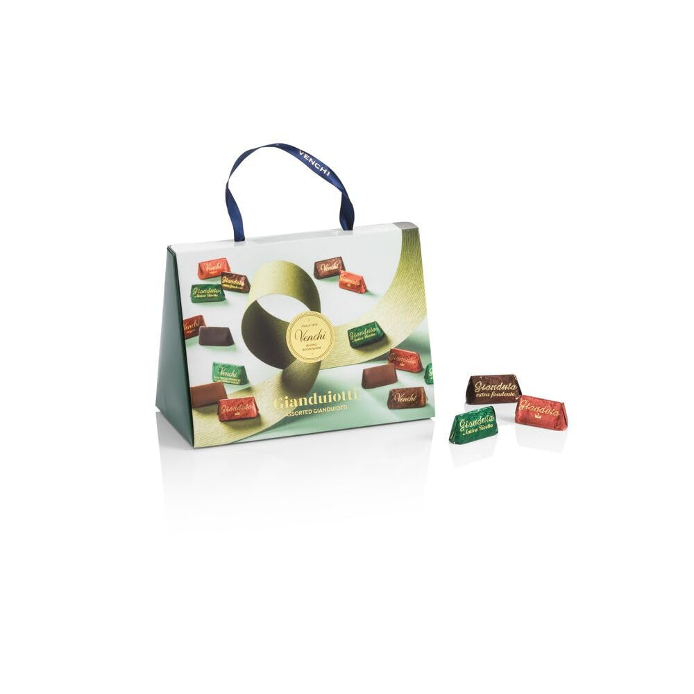 Set cadou Venchi - Borsina Gianduiotti, cu diverse bomboane de ciocolată Gianduiotti, inclusiv „Alune de pădure Piemont”, 150g, fără gluten, fără coloranți artificiali, fără conservanți, idee de cadou