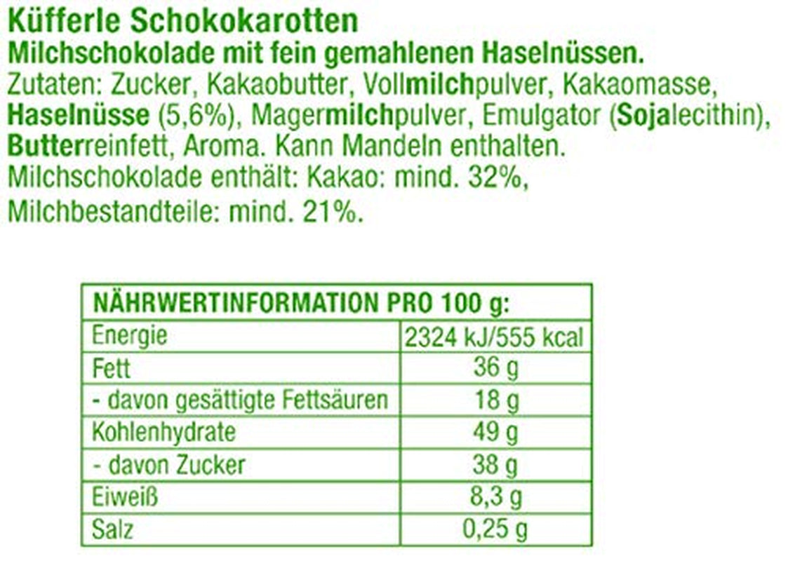 Küfferle, Morcovi cu ciocolată originală 810 g 60 buc., Ciocolată cu lapte, 1 bucată