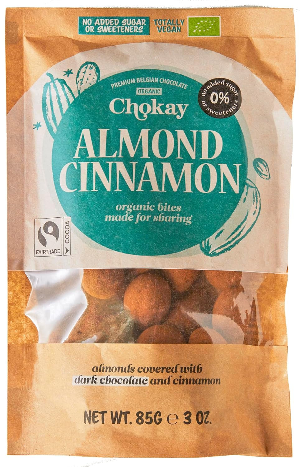 Organic Bites - Migdale cu Scorțișoară și Migdale în Ciocolată Neagră Belgiană / Fără Zahăr Adăugat, Fără Îndulcitori / Vegan și Comerț Echitabil / 1 x 85g