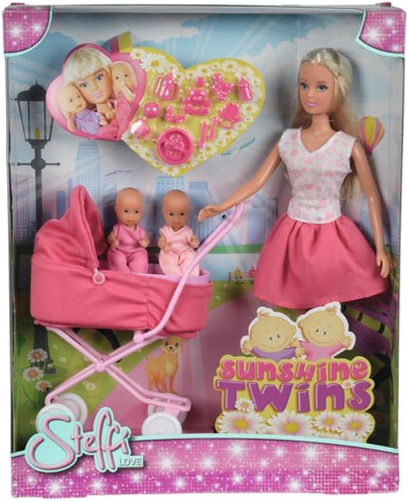 Simba Steffi Love Sunshine Twins – Păpușă cu gemeni și cărucior, inclusiv accesorii precum biberoane și jucării, variantă asortată cu 2 păpuși, set de păpuși pentru copii cu vârsta de 3 ani și peste