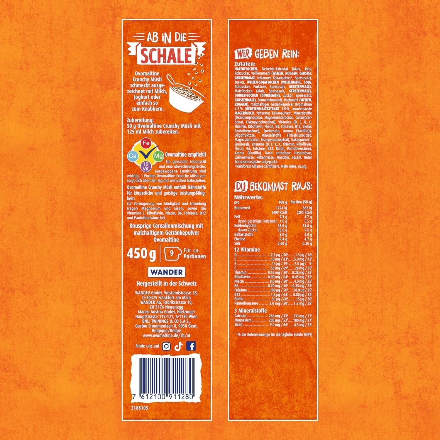 Ovomaltine Crunchy Muesli - muesli crocant cu ciocolată, cu un amestec unic de cereale și Ovomaltine - muesli cu ciocolată, vitamine, fibre și minerale valoroase (1 x 450g)