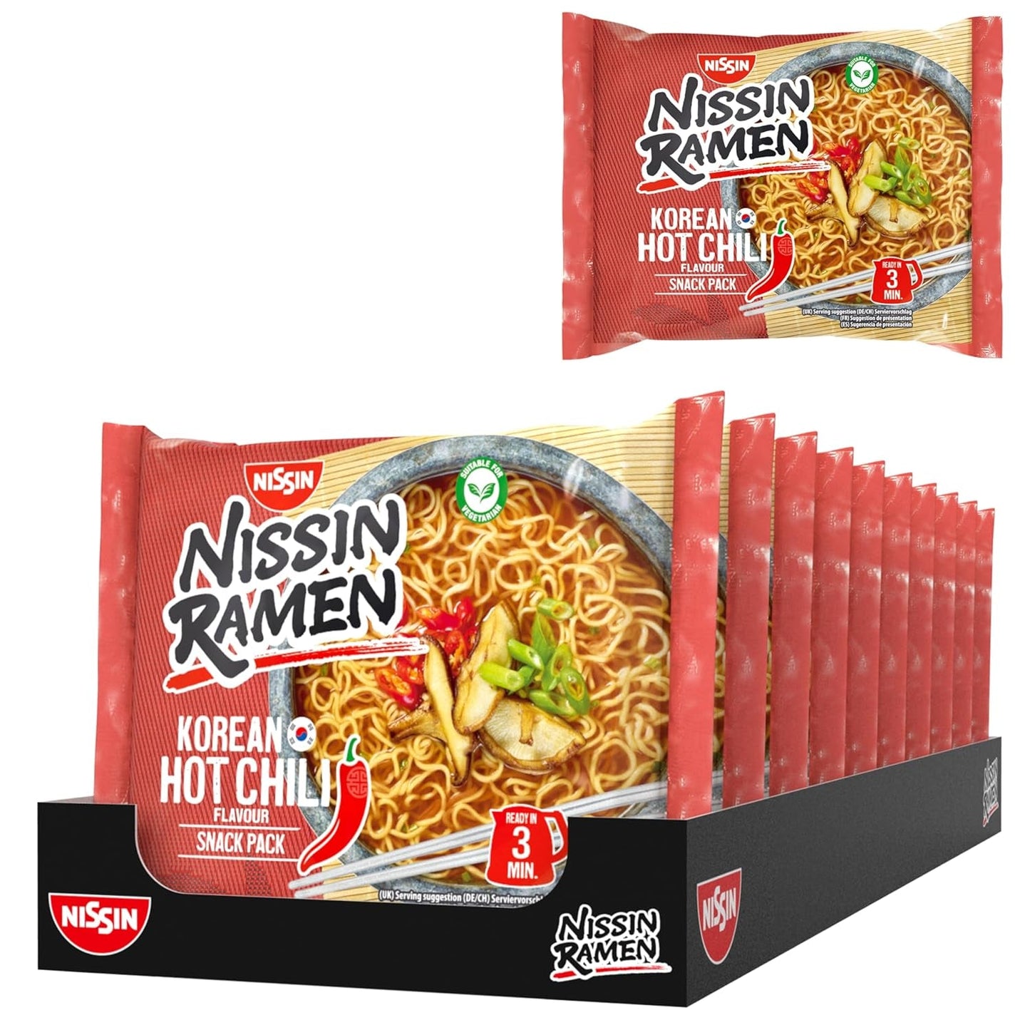 Nissin Ramen - Chili Picant Coreean, pachet de 10, tăiței instant în stil asiatic, bazați pe o rețetă coreeană, rapid și ușor de preparat, mâncare asiatică (10 x 65,2g)