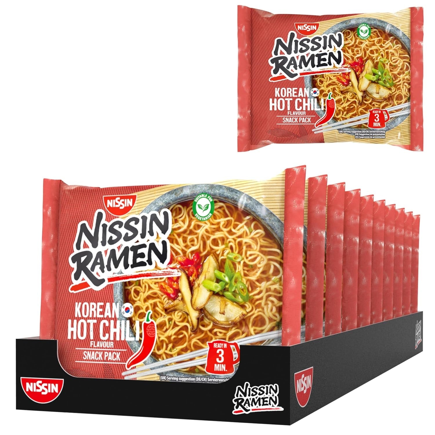 Nissin Ramen - Chili Picant Coreean, pachet de 10, tăiței instant în stil asiatic, bazați pe o rețetă coreeană, rapid și ușor de preparat, mâncare asiatică (10 x 65,2g)