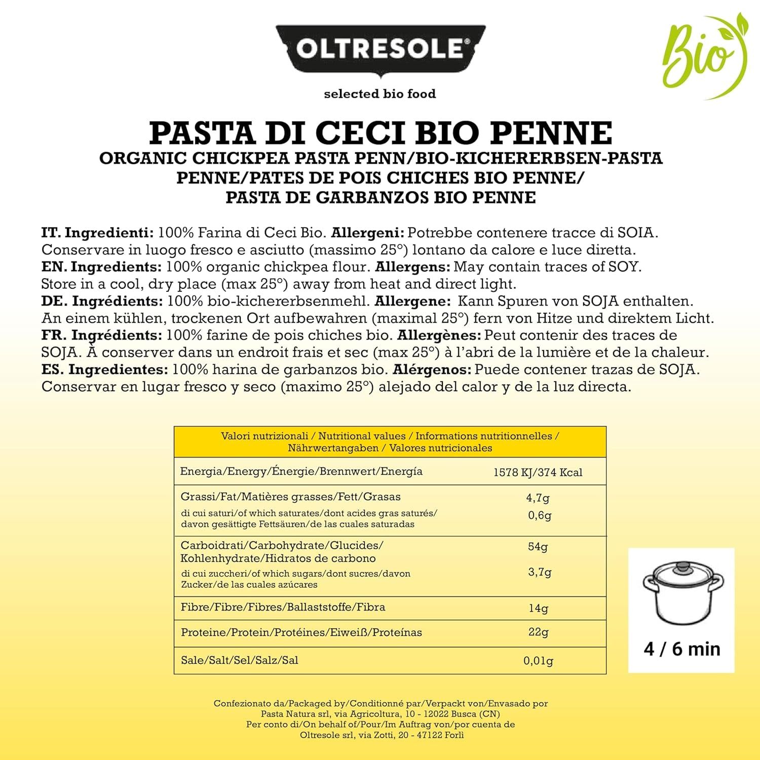 Paste italiene din năut organic, formă penne, paste proteice din făină de năut 100% organică, bogate în fibre, vegane, fără gluten, pachet de 3 pachete x 350g