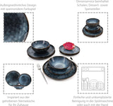 SÄNGER | Set de veselă Tokyo cu 12 piese, set de veselă din gresie pentru 4 persoane, inclusiv farfurii de cină, farfurii de desert și boluri, albastru închis cu accente negre | COLECȚIA PREMIUM
