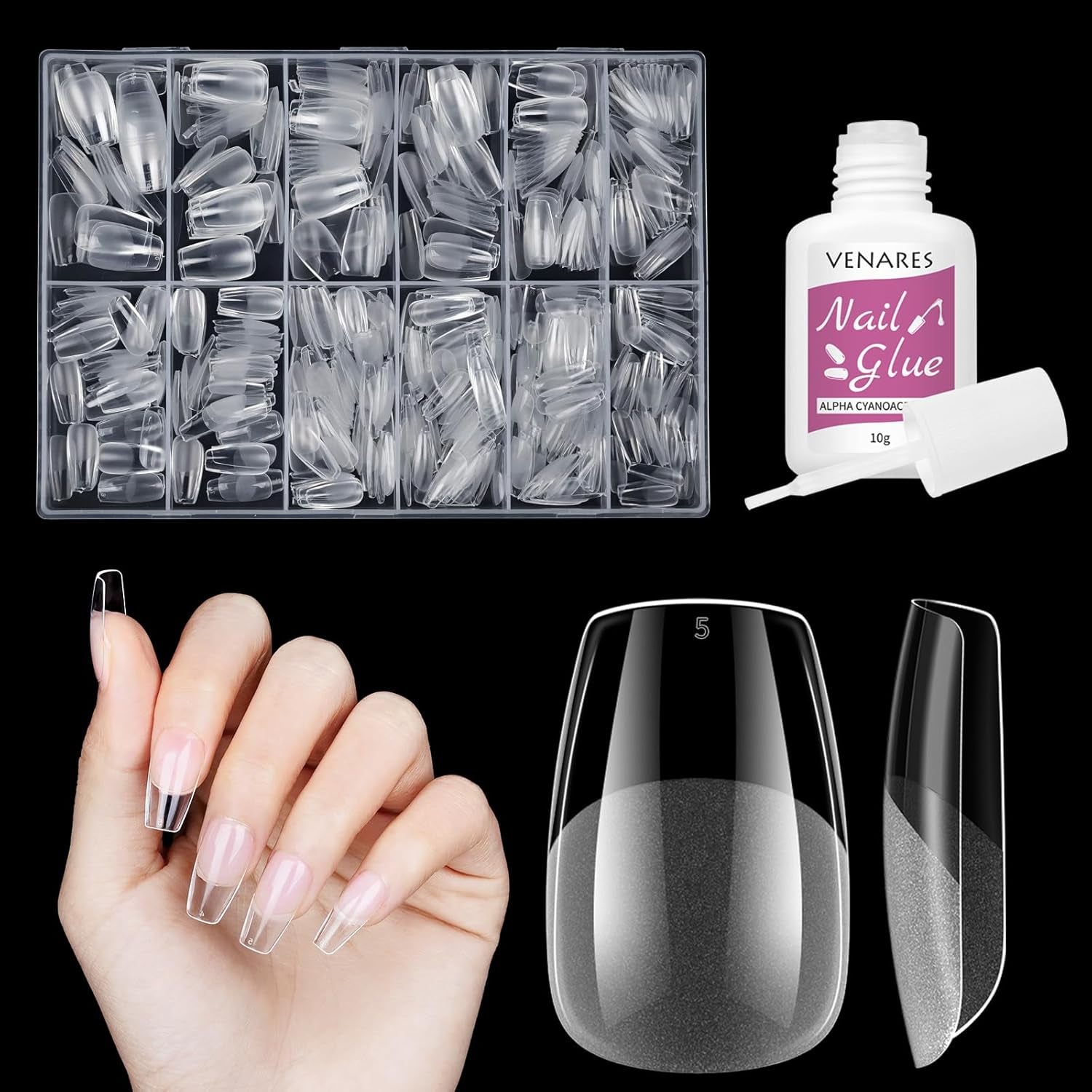 Unghii false scurte, model balerină, 500 bucăți, pentru lipire, 12 dimensiuni, unghii artificiale, scurte, cu gel moale, acoperire completă, vârfuri de unghii pentru unghii cu gel, scurte, S