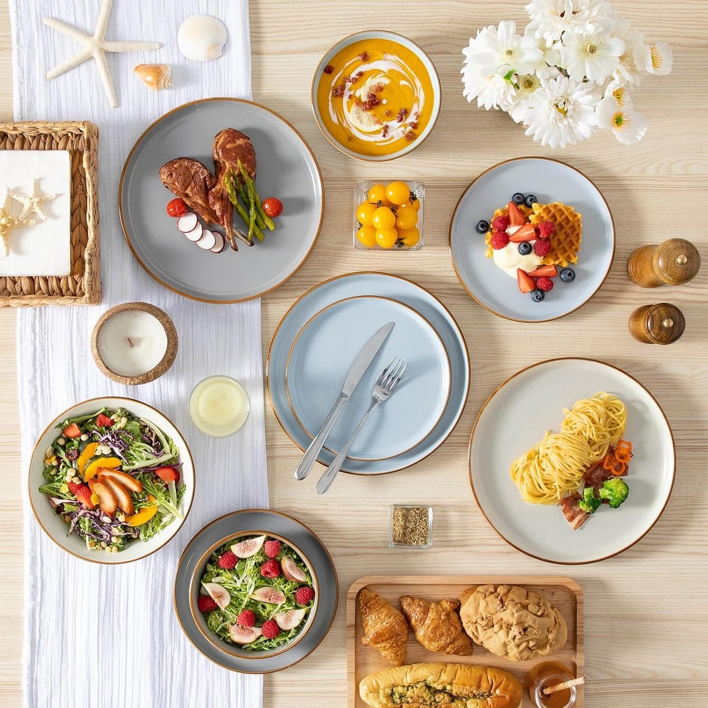 Geschirrset 6 Personen, vancasso RENO 24-tlg Steingut Teller Set Mix, Tafelservice mit je 6 Speiseteller, Dessertteller, Suppenteller, Müslischalen, Spülmaschinenfest & Mikrowellengeeignet, Mehrfarbig