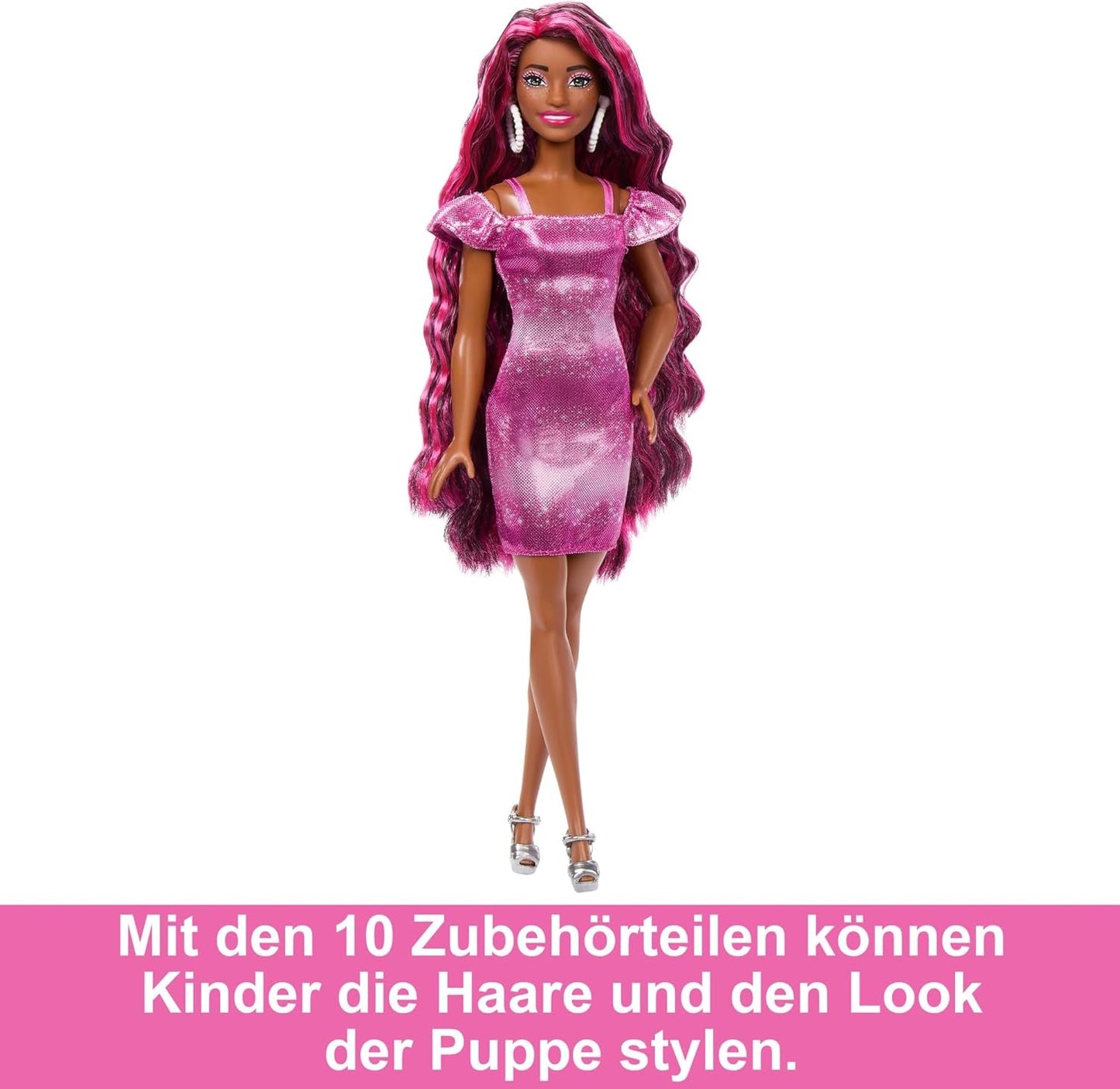Păpușă Barbie, păr distractiv și elegant, cu păr negru extra lung și colorat și rochie roz strălucitoare, 10 accesorii de coafat și modă, JDC86