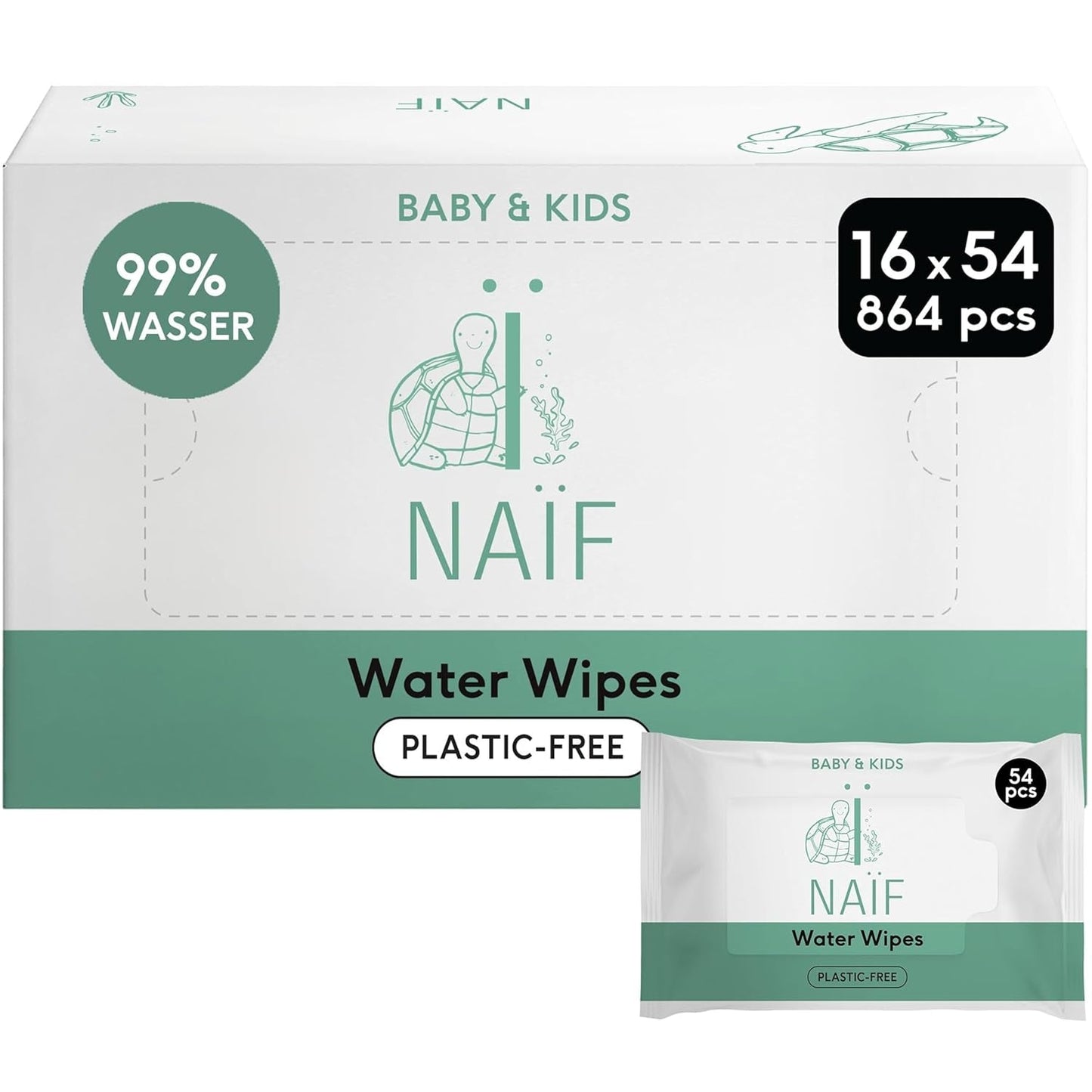 Naïf - Șervețele umede fără plastic - 864 bucăți (16 pachete a câte 54 de șervețele) - Îngrijire pentru fundulețul, corpul și fața bebelușului - 99% apă - 0% parfum și alcool