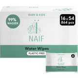 Naïf - Șervețele umede fără plastic - 864 bucăți (16 pachete a câte 54 de șervețele) - Îngrijire pentru fundulețul, corpul și fața bebelușului - 99% apă - 0% parfum și alcool