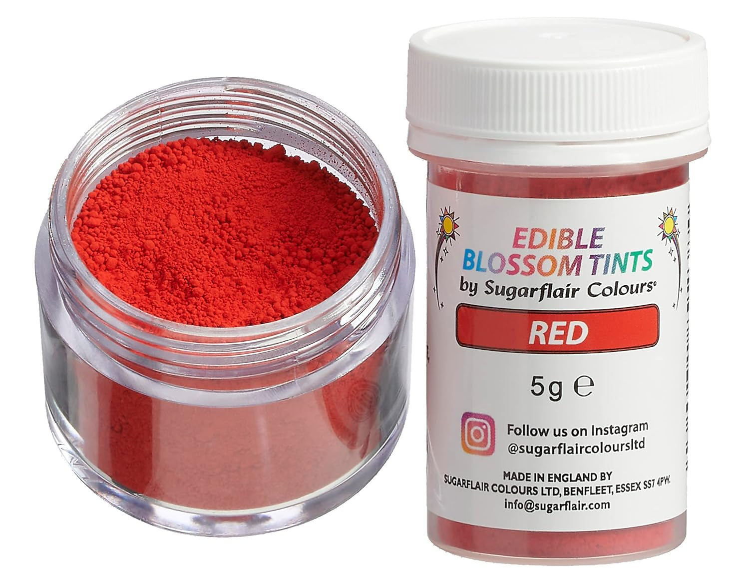 Pudră de colorant alimentar Sugarflair Blossom Tint Dust, roșu - Pudră de colorant alimentar pentru decoruri de tort, pastă de zahăr, fondant, glazură, ciocolată, cremă de unt, macarons și multe altele - 5G