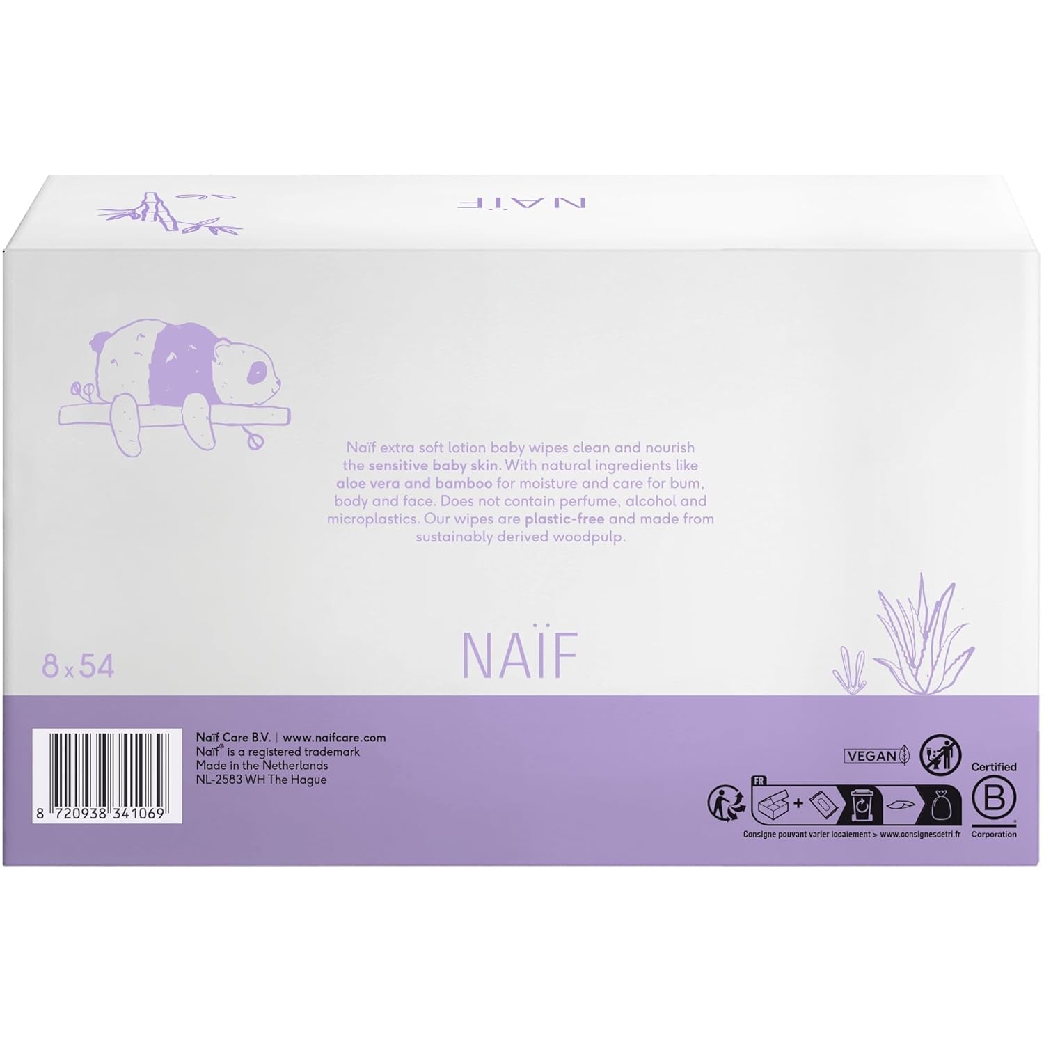 Naïf - Șervețele umede cu loțiune fără plastic - 1296 bucăți (24 pachete a câte 54 de șervețele) - pentru bebeluși și copii - Fundul, corpul și fața bebelușilor - cu Aloe Vera și Bambus - 0% Parfum și Alcool