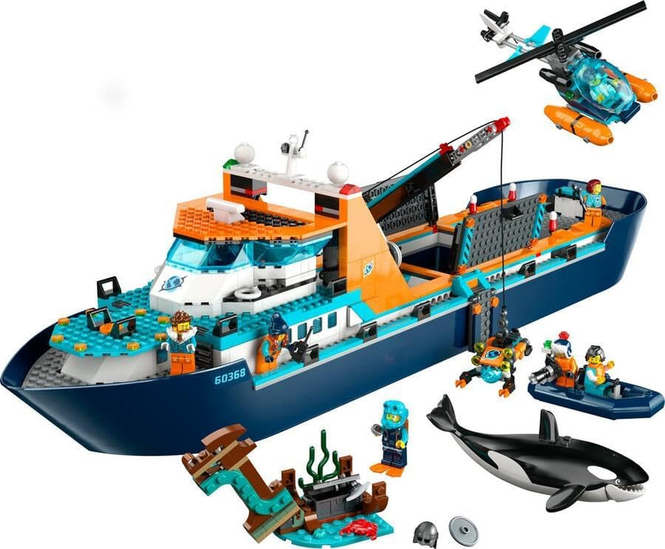 LEGO City Arctic Research Ship, barcă mare de jucărie plutitoare cu elicopter, barcă pneumatică, submarin Rov, epavă vikingă, 7 minifigurine și figură Orca, cadou pentru copii cu vârsta de 7+ 60368 Seturi de constructie Besuche den LEGO-Store