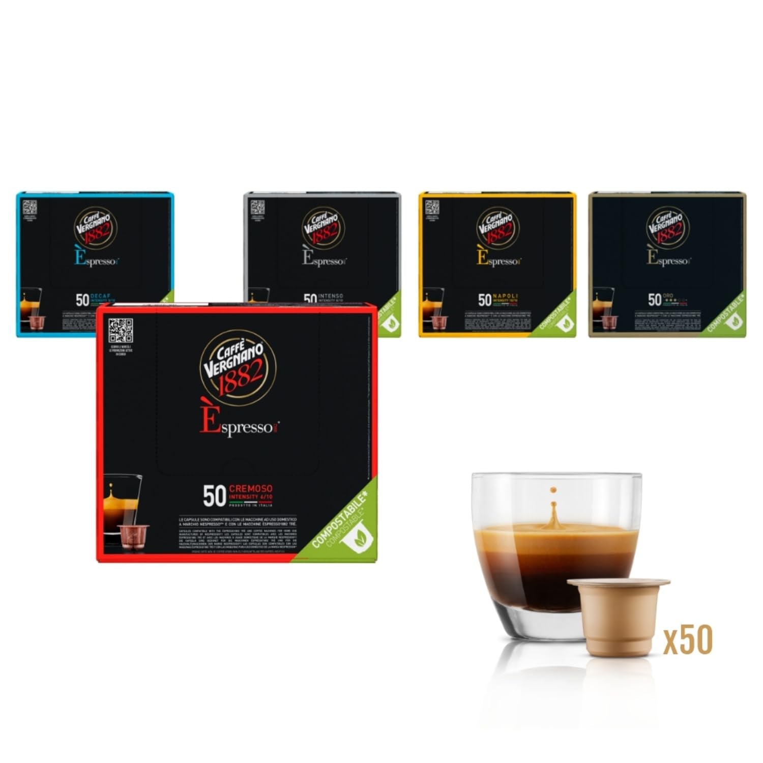 Caffè Vergnano 1882 - Èspresso Kompostierbare Kaffeekapseln, Kompatibel Mit Nespresso, Cremoso (Cremig) - Packung Enthält 50 Kapseln