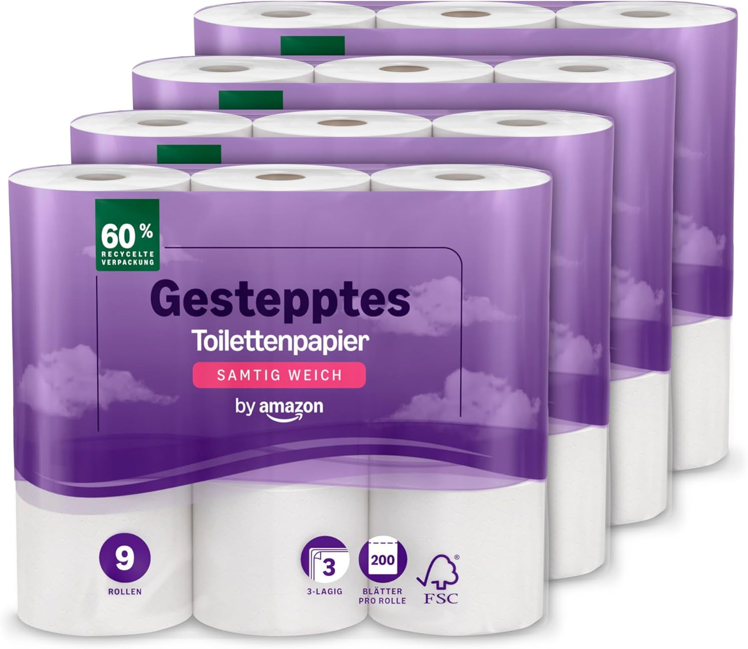 By Amazon Hârtie igienică, 3 straturi matlasate, moale catifelată, 36 de role (9 role, pachet de 4), 200 de foi per rolă, certificată Fsc