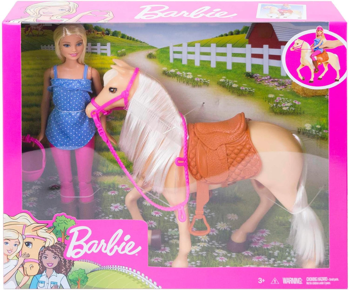 Păpușă Barbie și jucărie cu cal, accesorii pentru călărie, include 1 păpușă și 1 cal, potrivită ca și cadou pentru copiii cu vârsta de 3 ani și peste, FXH13