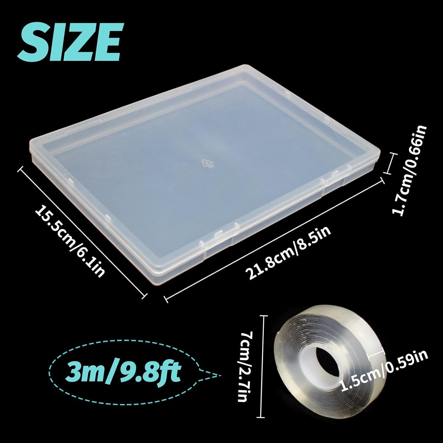 Cutie de depozitare pentru unghii artificiale cu 2 bucăți de bandă adezivă dublu adezivă de 30 cm, cutie transparentă dreptunghiulară, cutii de ambalare din plastic, recipient pentru vârfuri de unghii, unghii artificiale, 21,8 x 15,5 cm