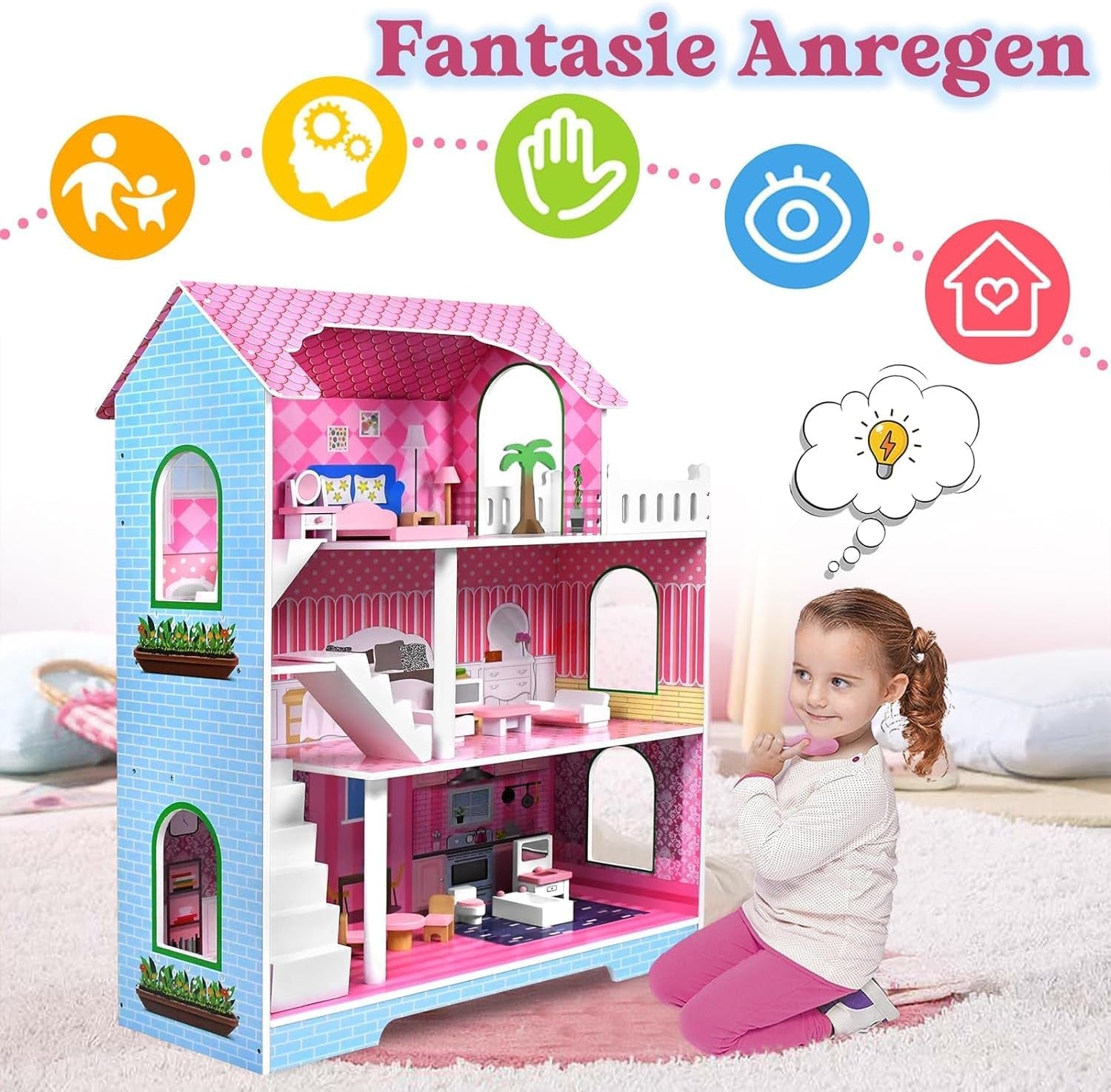 HENGMEI Puppenhaus Kinder Holz Puppenvilla Dollhouse Set Mädchen Spielset 3 Etagen Haus mit Möbeln und Zubehör, 70x30x100cm Puppenhäuser für Kinder (Typ B)