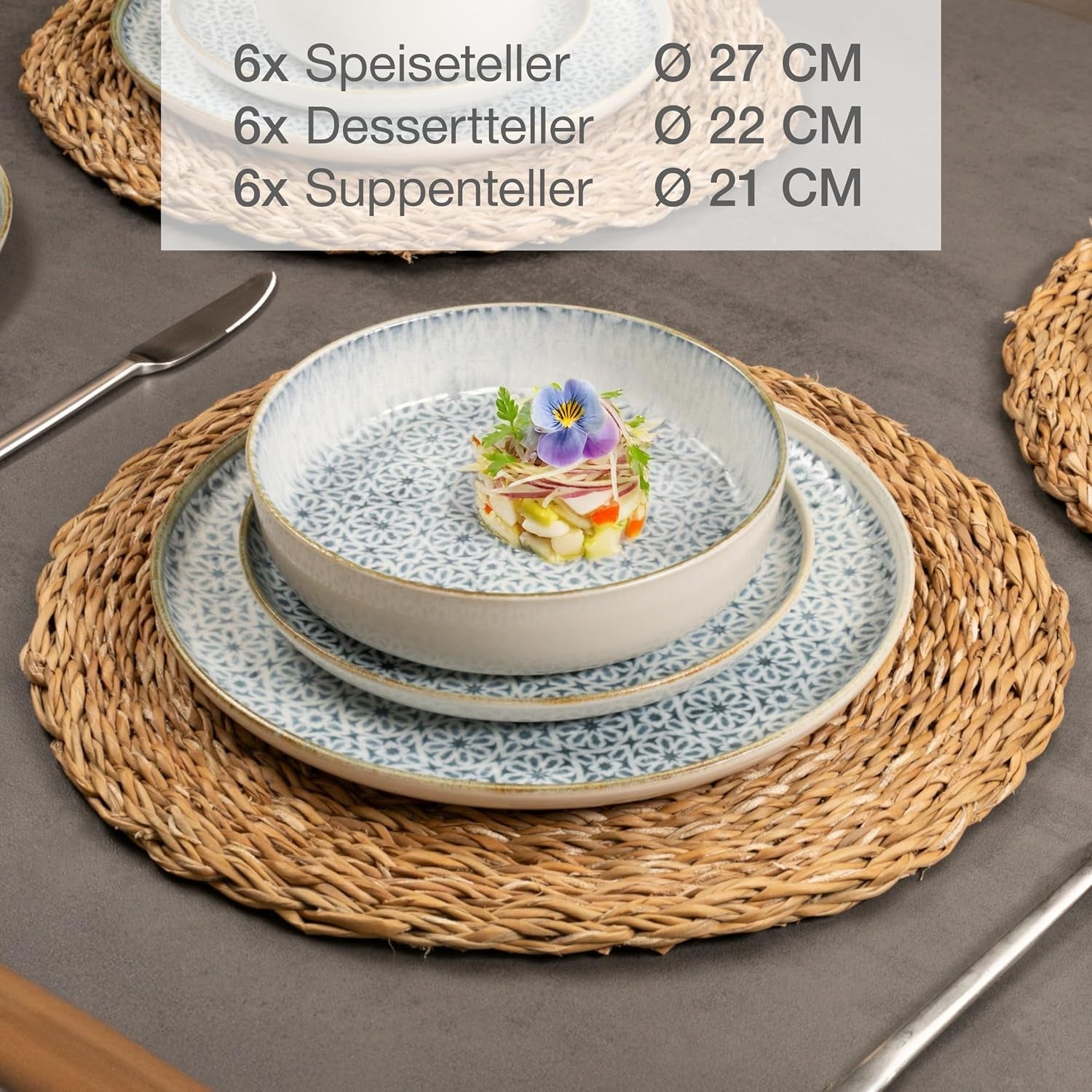 Set de veselă Moritz & Moritz ALHAMBRA pentru 6 persoane, 18 piese, din porțelan de înaltă calitate - veselă modernă albastră - set ușor de întreținut, inclusiv 6 farfurii de cină, 6 farfurii de desert și 6 boluri