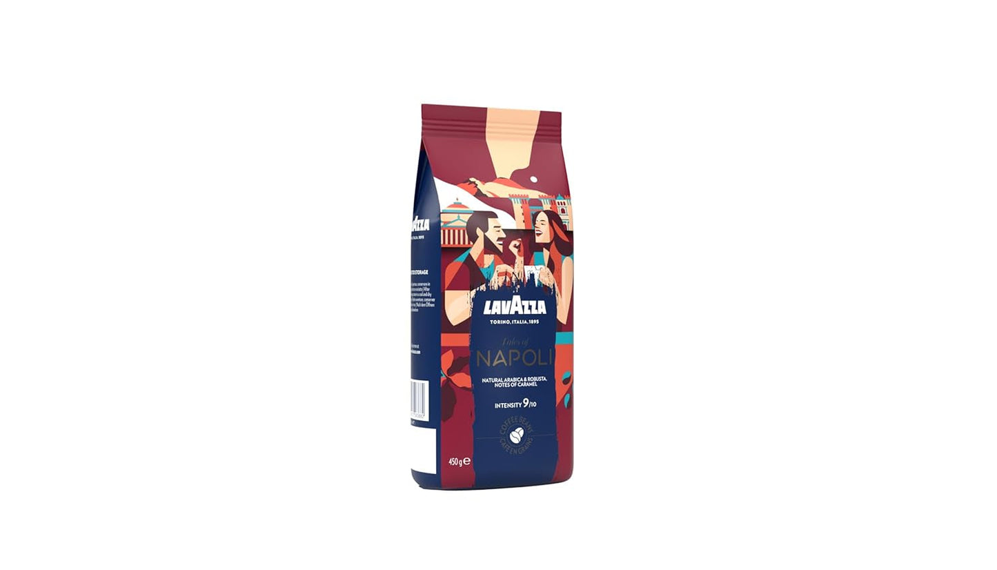 Lavazza, Tales of Napoli, boabe de cafea, ideale pentru espressoare, cu note aromatice de cacao și caramel, Arabica și Robusta, intensitate 9/10, prăjire intensă, 450 g