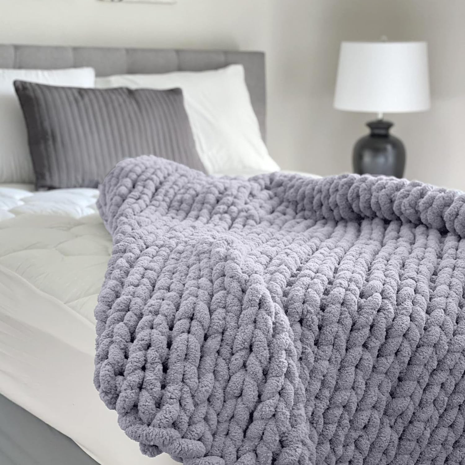 Chunky pătură tricotate, arunca, 100% mână tricotate cu jumbo chenille fire (127 X 152.4 Cm, gri liliac) Paturi si Cuverturi Adyrescia