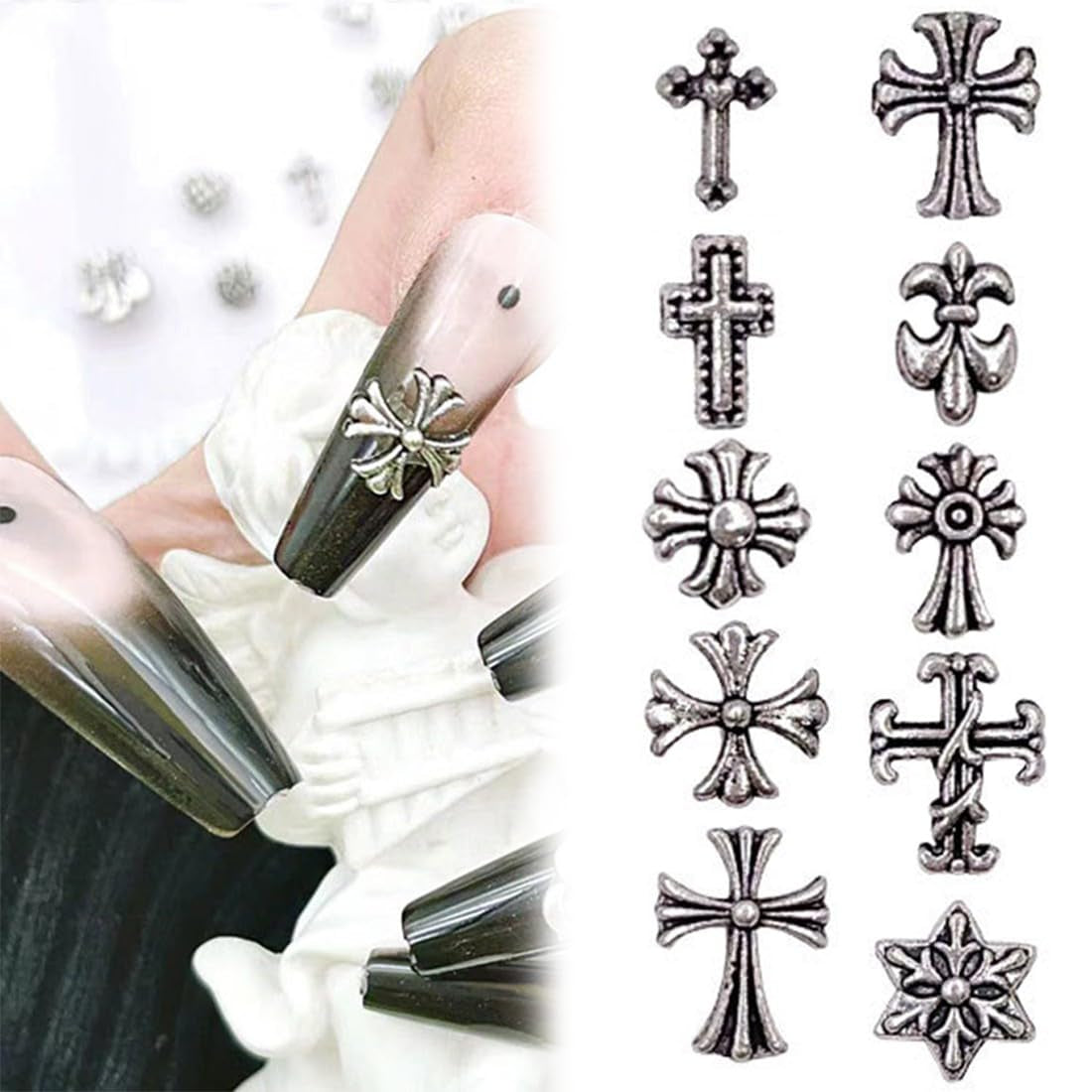 100 bucăți brelocuri unghii cruce 3D, brelocuri unghii cruce, brelocuri unghii cromate, accesorii vintage pentru unghii, decorațiuni unghii DIY, pentru femei și fete, unghii DIY decorațiuni