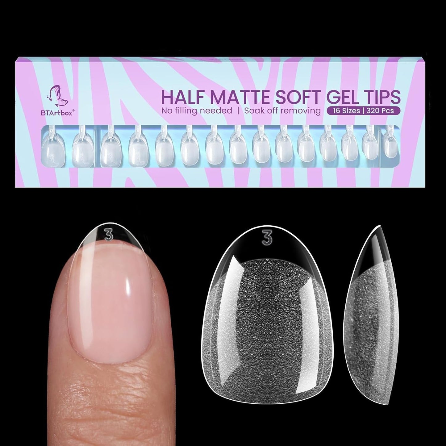 Btartbox Tipuri de Unghii Extra Scurte, Model Migdala – Acoperire Completă cu Gel X Tipuri de Unghii XS Moi pentru Unghii cu Gel – Preformate, Semi-mate, pentru Unghii Late, Salon, 320 Bucăți