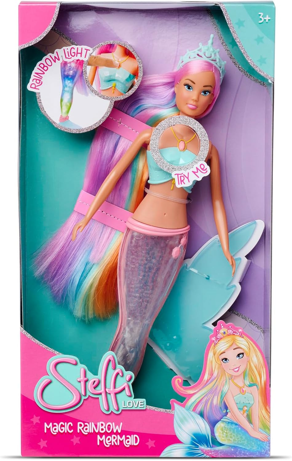 Steffi Love Sirena Curcubeu Magic, păpușă sirenă cu funcție de lumină curcubeu magică și păr extra lung, 39 cm, vârste 3+