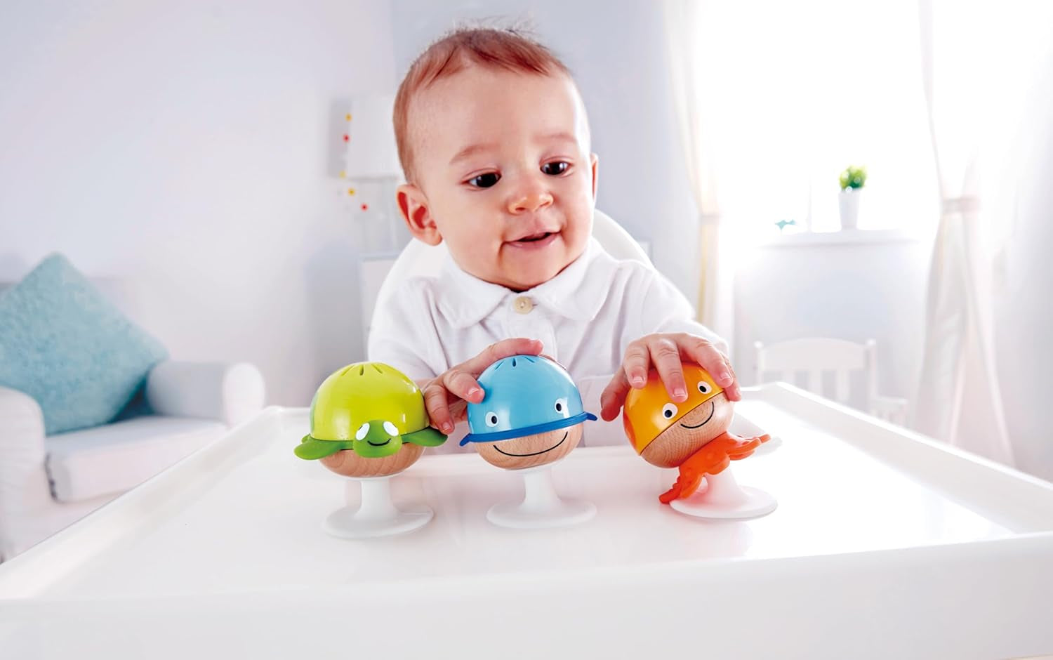 Set zornăitor cu ventuză Hape | Trei animale cu elemente de inel pentru dentiție, țestoasă, caracatiță și balenă | Jucărie de învățare de la 0 luni Jucarii Bebe Naty Shop