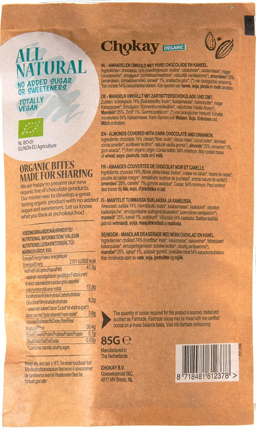Organic Bites - Migdale cu Scorțișoară și Migdale în Ciocolată Neagră Belgiană / Fără Zahăr Adăugat, Fără Îndulcitori / Vegan și Comerț Echitabil / 1 x 85g