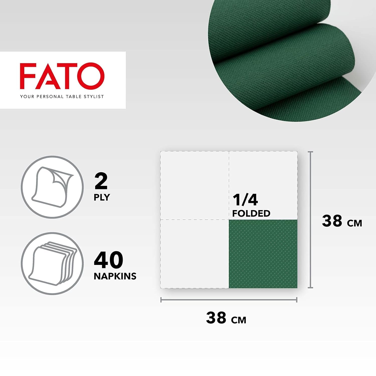 - Șervețele de hârtie de unică folosință, Softness And Softness, pachet de 40 de șervețele, dimensiune 38X38 pliate în 4, 2 straturi, culoare verde pădure, 100% hârtie din celuloză pură, certificate Fsc (pachet cu 2)