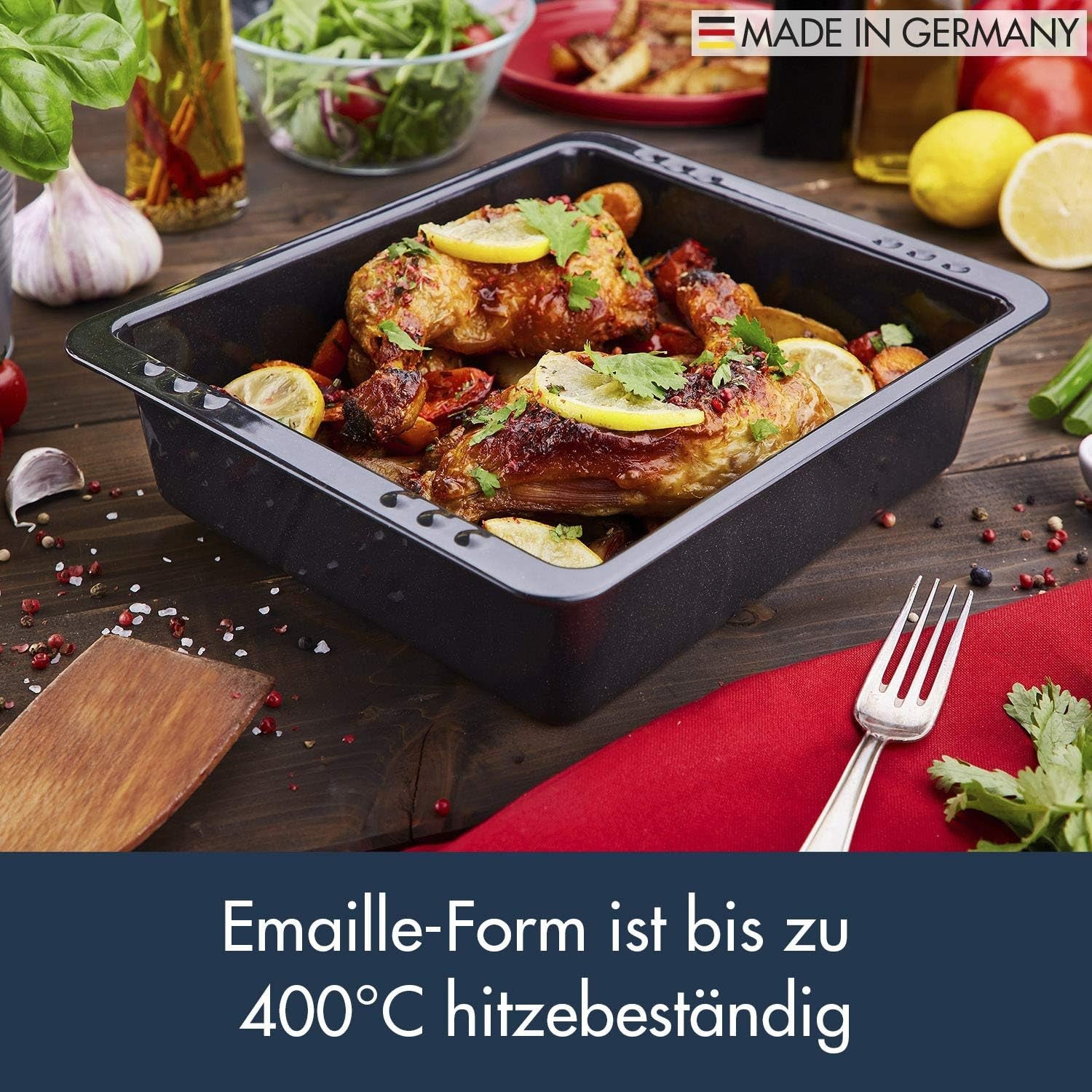Chg SET 341-46-60 Extra Tiefe Ofenform (7,0 Cm) "Emaille" Mit Profi-Pfannenwender", Schwarz Gesprenkelt Matrite si tavi pentru copt Naty Shop