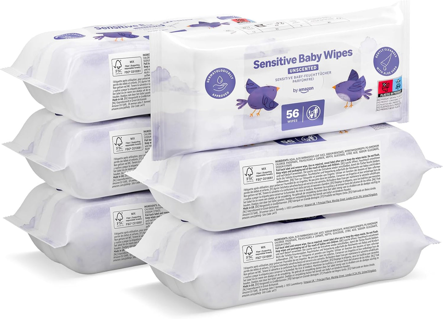 Șervețele umede Amazon Sensitive Baby Wipes 1008, fără parfum, 18 pachete a câte 56 (anterior sub marca Mama Bear, produs identic)
