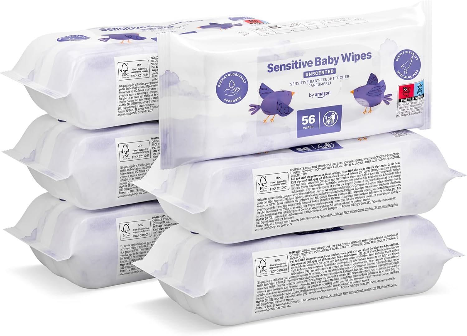 Șervețele umede Amazon Sensitive Baby Wipes 1008, fără parfum, 18 pachete a câte 56 (anterior sub marca Mama Bear, produs identic)