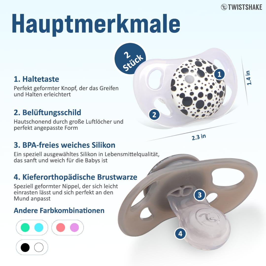 Suzete Twistshake pentru bebeluși – Pachet de 2 | Formă ortodontică | Ultra-ușoare | Tetină din silicon moale | Fără BPA | Potrivite pentru bebeluși de la 6 luni | Gri-alb