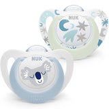 Suzetă NUK Star Night & Day pentru bebeluși 0-6 luni, strălucește în întuneric, silicon fără BPA, pisică roz, pachet de 2
