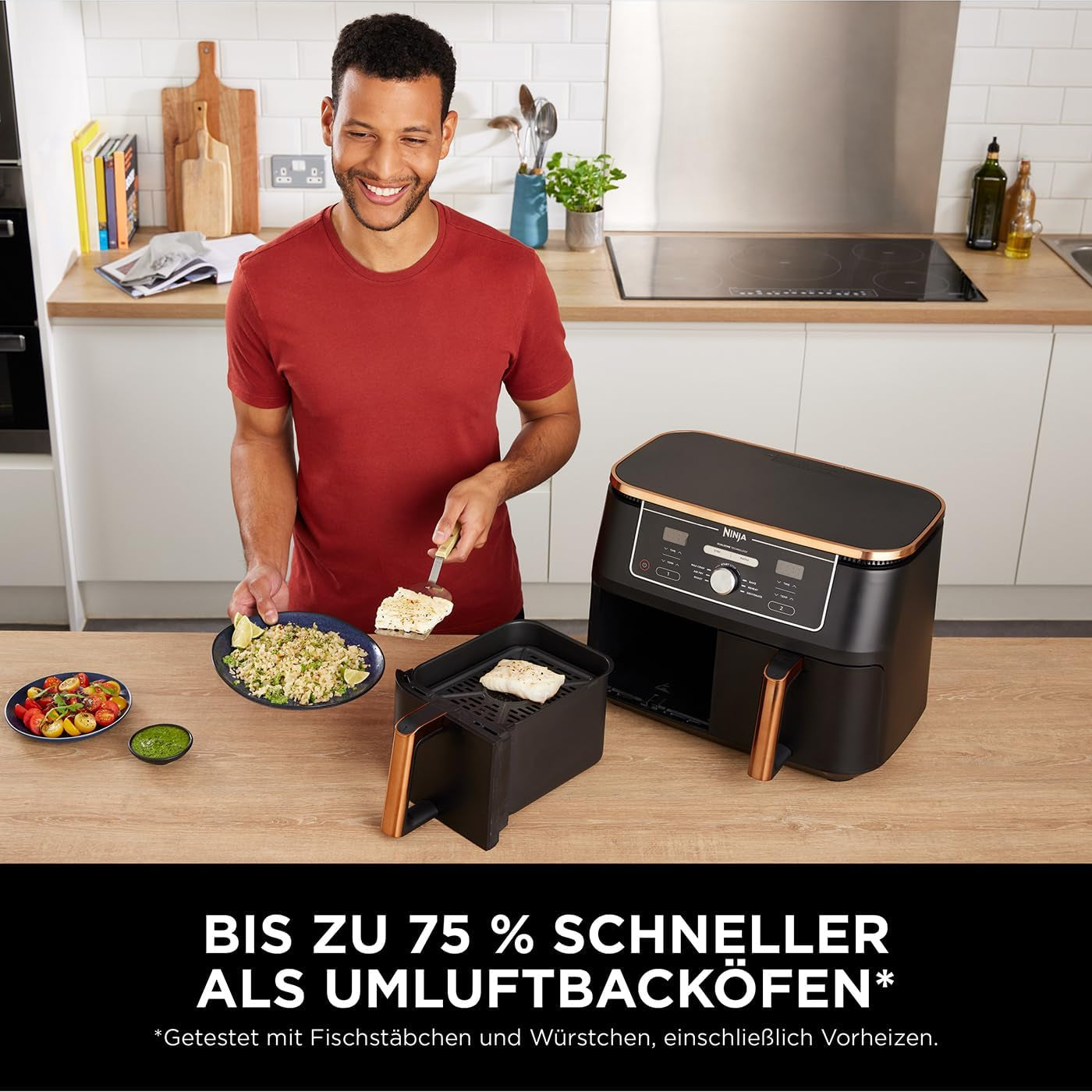 Ninja Foodi AF400EUCP MAX Dual Zone Air Fryer, 9.5L Airfryer, 2 compartimente, cu clește, acoperire neaderentă Electrocasnice Naty Shop