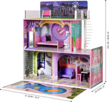 Olivia's Little World Big Dreamland Sunset Contemporary, Casă de păpuși interactivă din lemn pentru copii, 3 etaje, cu 16 accesorii pentru mobilier de păpuși, multicoloră, TD-13616A