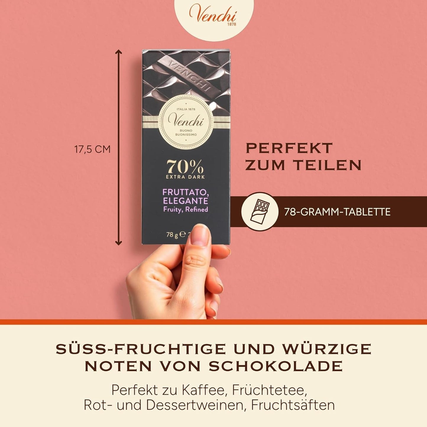 Venchi - Ciocolată neagră 70%, 78 g - Cu amestecuri de cacao selectate - Fără gluten - Vegan