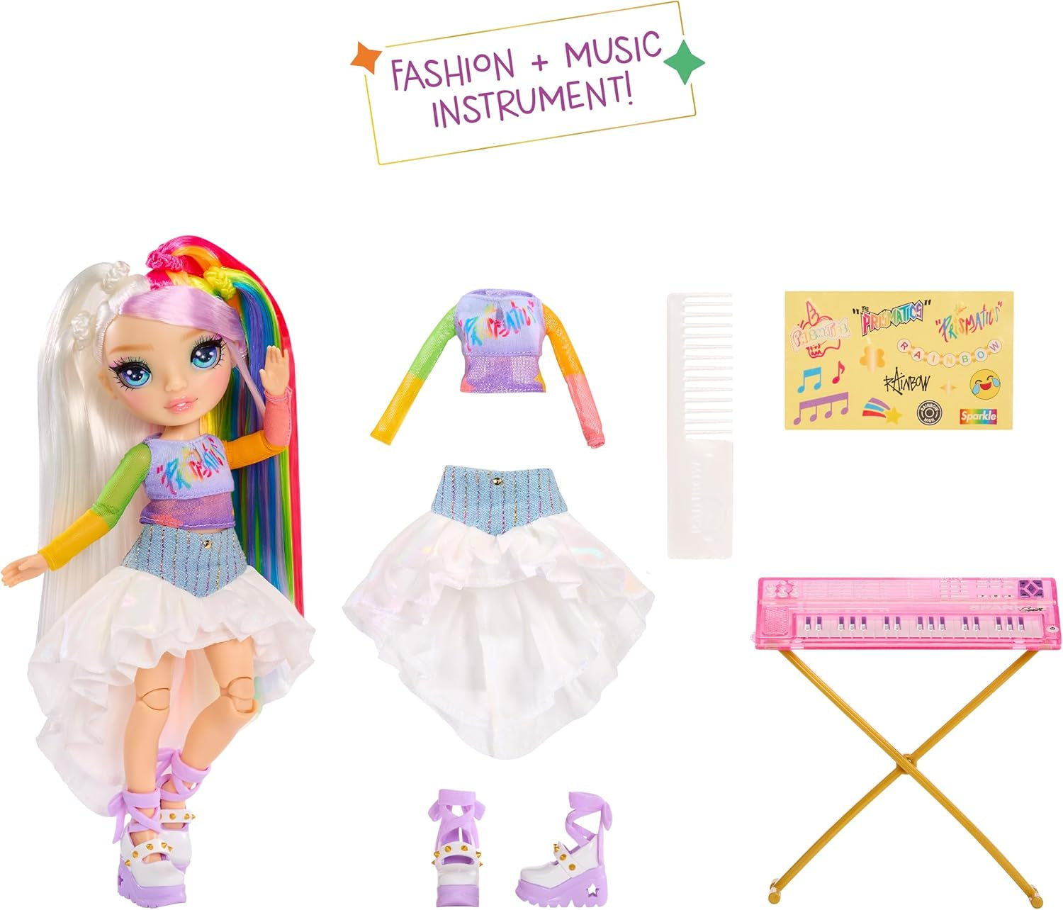 Trupa rock Rainbow High Junior High - Amaya, culorile curcubeului - păpușă la modă de 23 cm cu tastatură, personalizabilă cu autocolante, articulabilă, jucărie drăguță pentru copii cu vârsta de 4 ani și peste