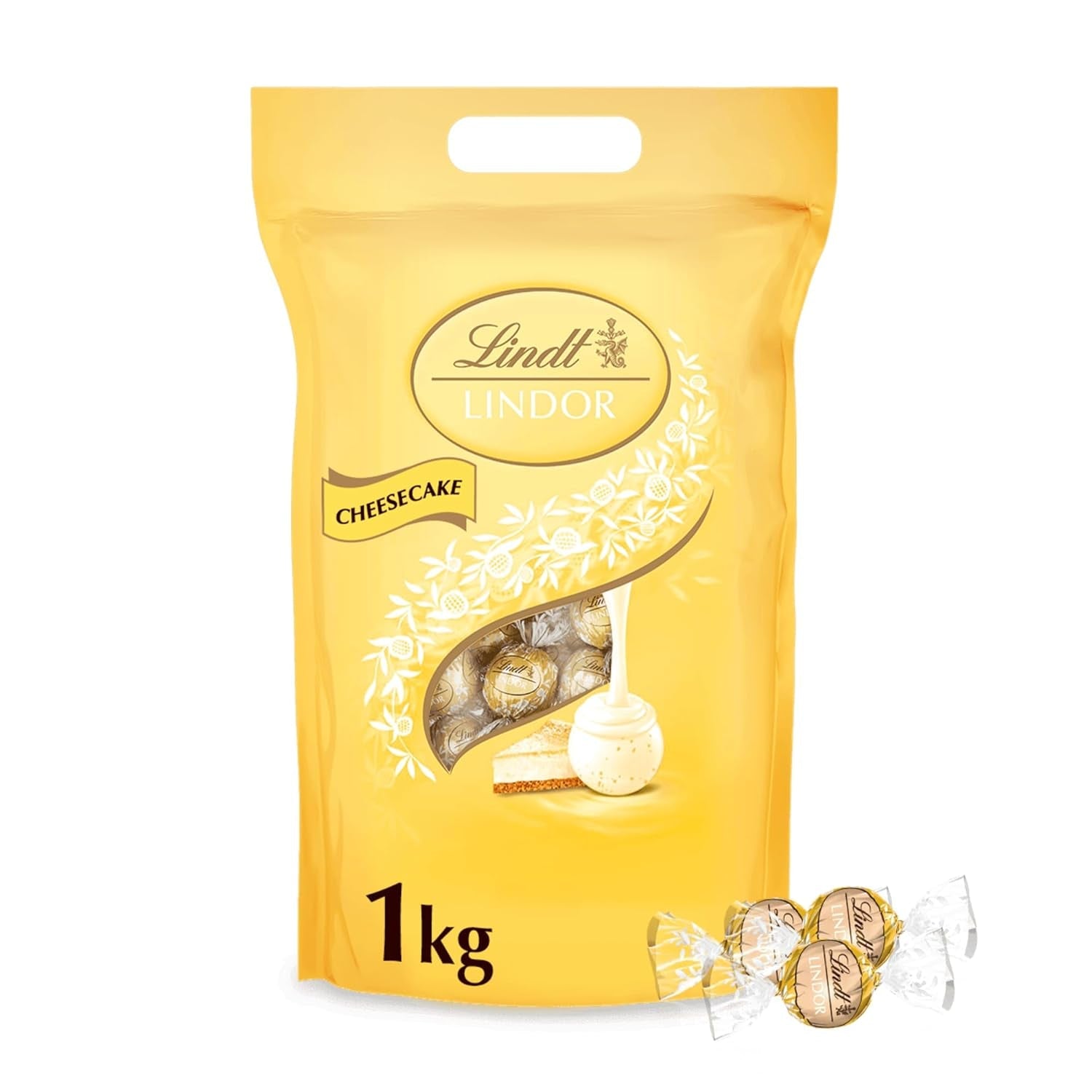 Lindt Chocolate | Pungă LINDOR Cheesecake | 1kg | 80 de bile de ciocolată albă cu lapte cu umplutură de cheesecake care se topește în gură | Cadou de ciocolată de împărțit